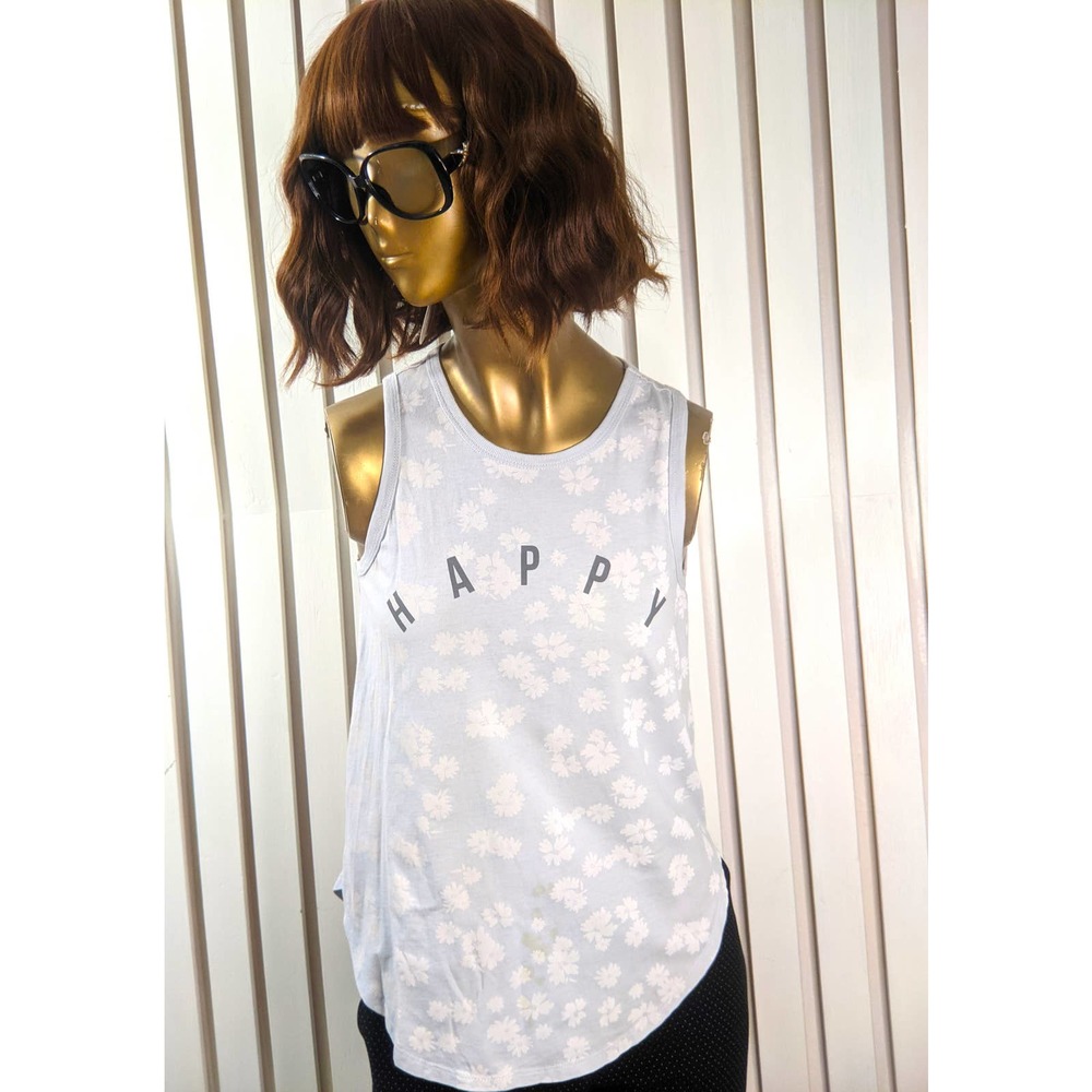 Doe Floral Happy Graphic Sleeveless Cotton Tank Top Blue White Curved Hem Medium